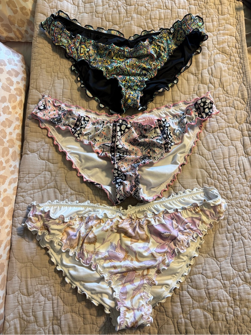 Victoria's Secret Three-Pack Ruffle Bikini Panties - Black, Pink, Cream